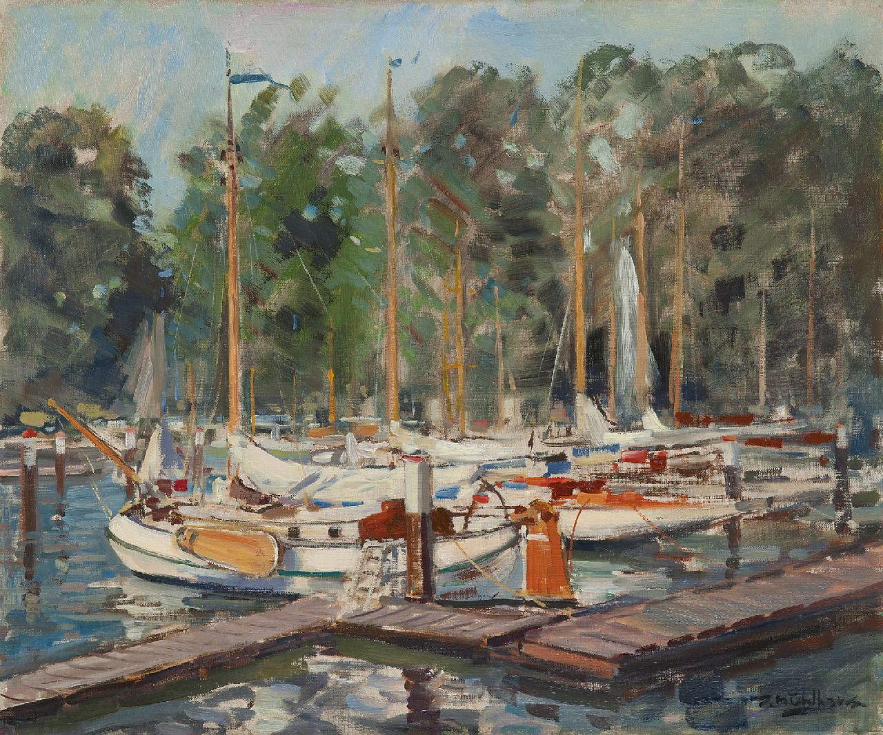 Mühlhaus D. | Daniël 'Daan' Mühlhaus, Plezierjachten in de haven van de KDRZV Dordrecht, olieverf op doek 50,0 x 60,2 cm, gesigneerd rechtsonder Mühlhaus D. | Daniël 'Daan' Mühlhaus, Plezierjachten in de haven van de KDRZV Dordrecht, olieverf op doek 50,0 x 60,2 cm, gesigneerd rechtsonder