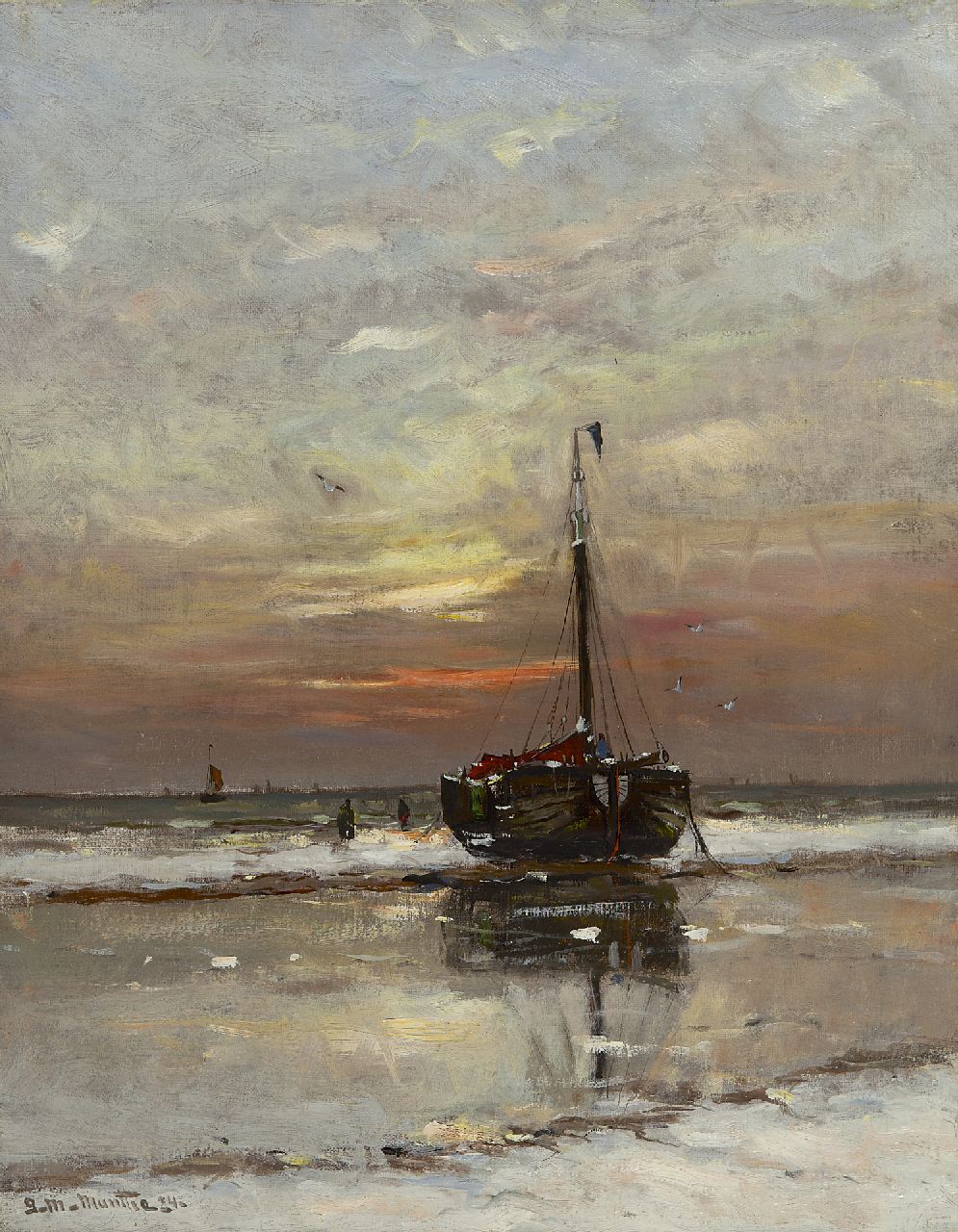 Munthe G.A.L. | Gerhard Arij Ludwig 'Morgenstjerne' Munthe, Bomschuit op het strand bij zonsondergang, olieverf op doek 50,8 x 40,7 cm, gesigneerd linksonder en gedateerd '24 Munthe G.A.L. | Gerhard Arij Ludwig 'Morgenstjerne' Munthe, Bomschuit op het strand bij zonsondergang, olieverf op doek 50,8 x 40,7 cm, gesigneerd linksonder en gedateerd '24