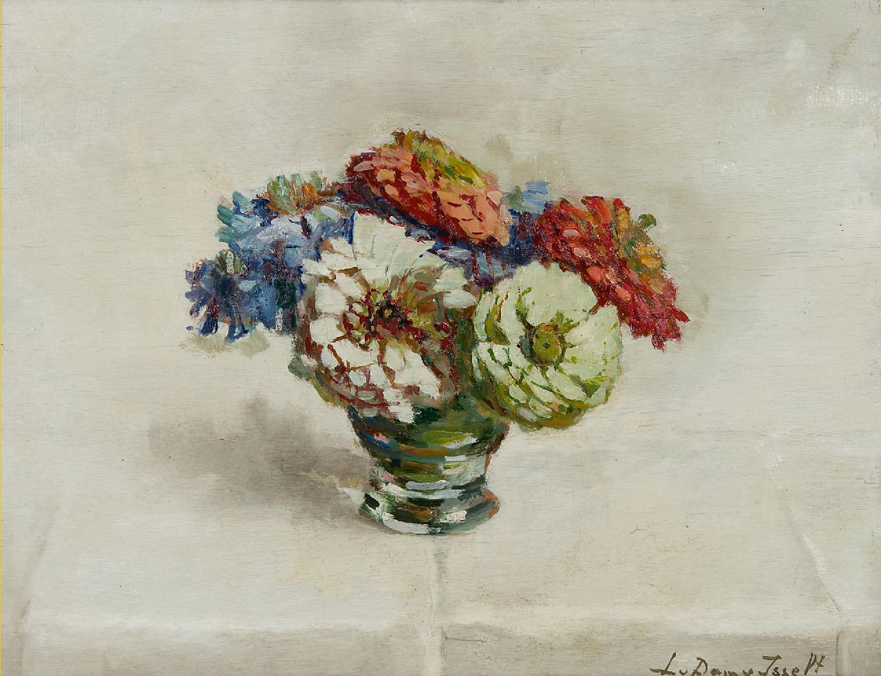 Dam van Isselt L. van | Lucie van Dam van Isselt, Zinnia's, olieverf op paneel 31,9 x 40,2 cm, gesigneerd rechtsonder