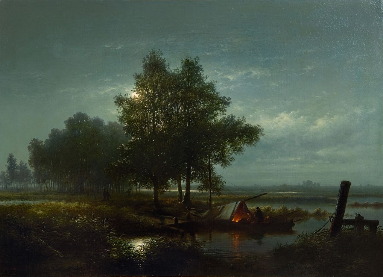 Winter L. de | Louis de Winter, Waterlandschap met vissers, bij maanlicht, olieverf op doek 61,7 x 85,8 cm, gesigneerd linksonder en gedateerd 1850 Winter L. de | Louis de Winter, Waterlandschap met vissers, bij maanlicht, olieverf op doek 61,7 x 85,8 cm, gesigneerd linksonder en gedateerd 1850