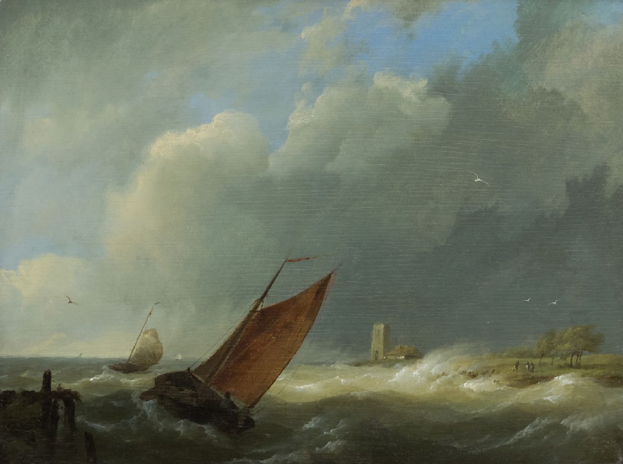 Koekkoek H. | Hermanus Koekkoek, Zeilschepen bij stormachtig weer, olieverf op paneel 18,7 x 24,8 cm, gesigneerd linksonder met initialen Koekkoek H. | Hermanus Koekkoek, Zeilschepen bij stormachtig weer, olieverf op paneel 18,7 x 24,8 cm, gesigneerd linksonder met initialen