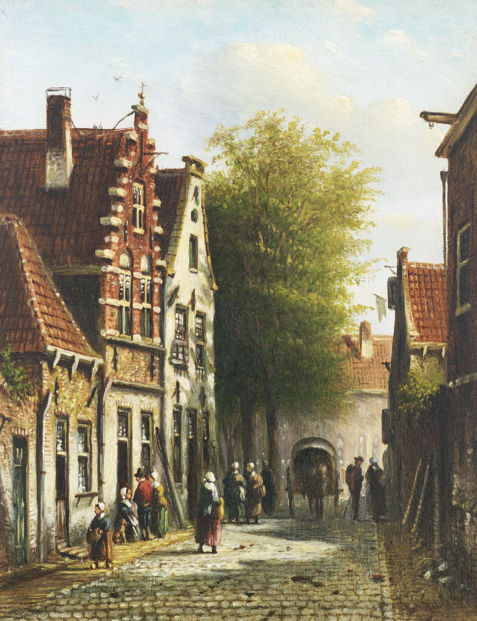 Spohler J.F. | Johannes Franciscus Spohler, Zomers straatje met figuren en paard en wagen, olieverf op paneel 19,0 x 14,9 cm, gesigneerd rechtsonder Spohler J.F. | Johannes Franciscus Spohler, Zomers straatje met figuren en paard en wagen, olieverf op paneel 19,0 x 14,9 cm, gesigneerd rechtsonder