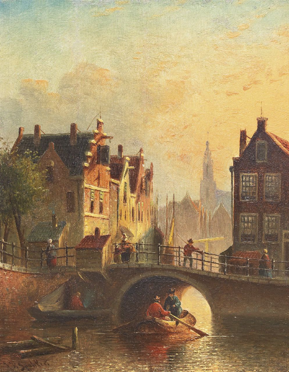 Spohler J.F.  | Johannes Franciscus Spohler, Stadsgezicht met boogbrug en roeiboot, olieverf op paneel 19,0 x 14,8 cm, gesigneerd linksonder