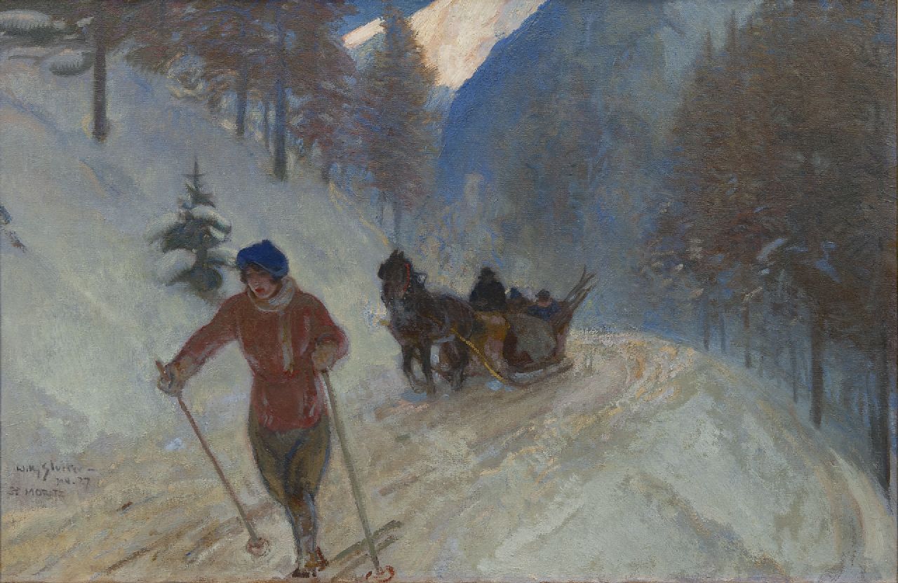Sluiter J.W. | Jan Willem 'Willy' Sluiter, Skiester in St. Moritz, olieverf op doek 65,0 x 100,1 cm, gesigneerd linksonder en gedateerd 'St Moritz' Jan. 27 Sluiter J.W. | Jan Willem 'Willy' Sluiter, Skiester in St. Moritz, olieverf op doek 65,0 x 100,1 cm, gesigneerd linksonder en gedateerd 'St Moritz' Jan. 27