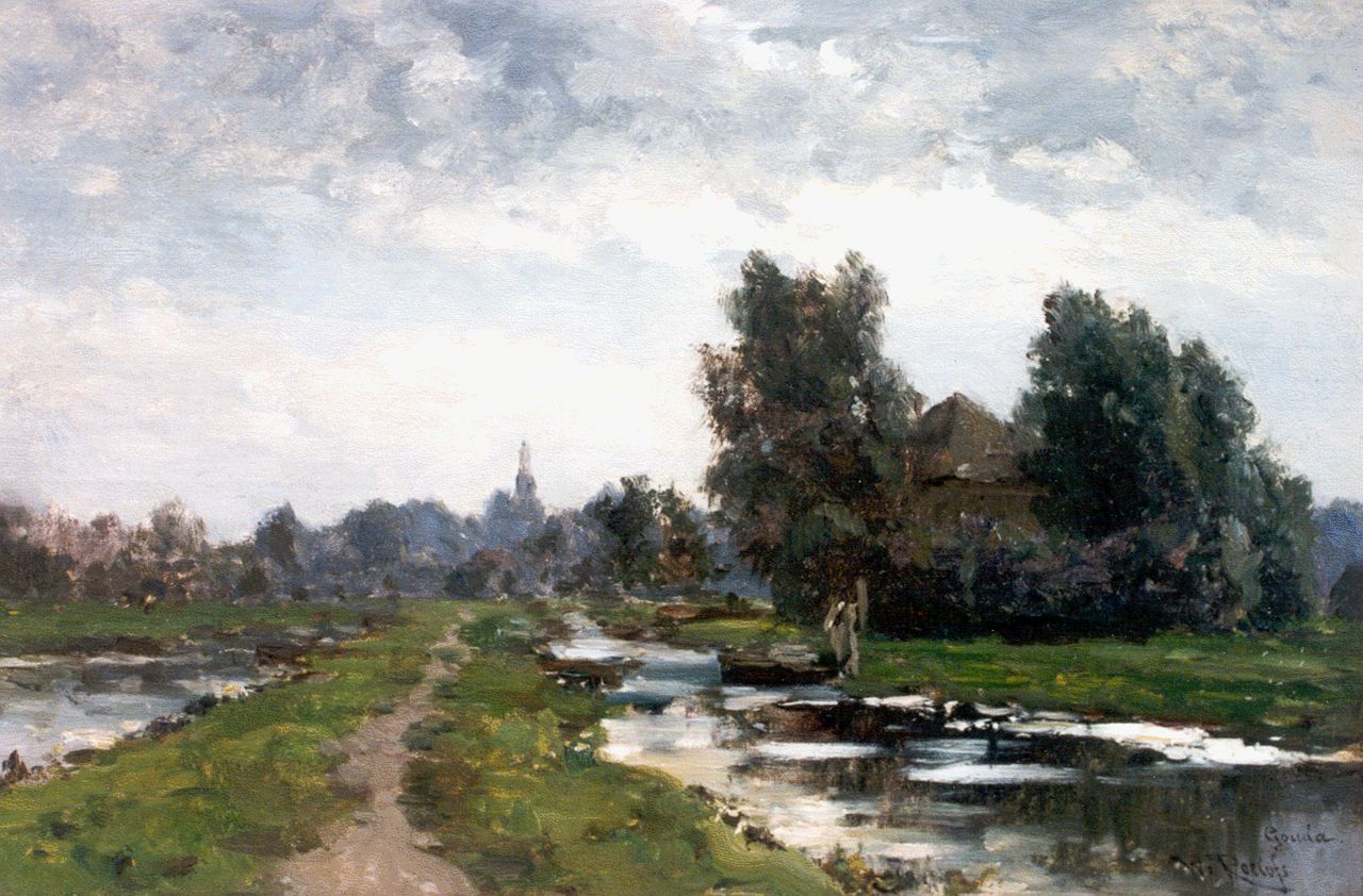 Roelofs W.  | Willem Roelofs, Bij Gouda, olieverf op paneel 29,8 x 44,0 cm, gesigneerd rechtsonder