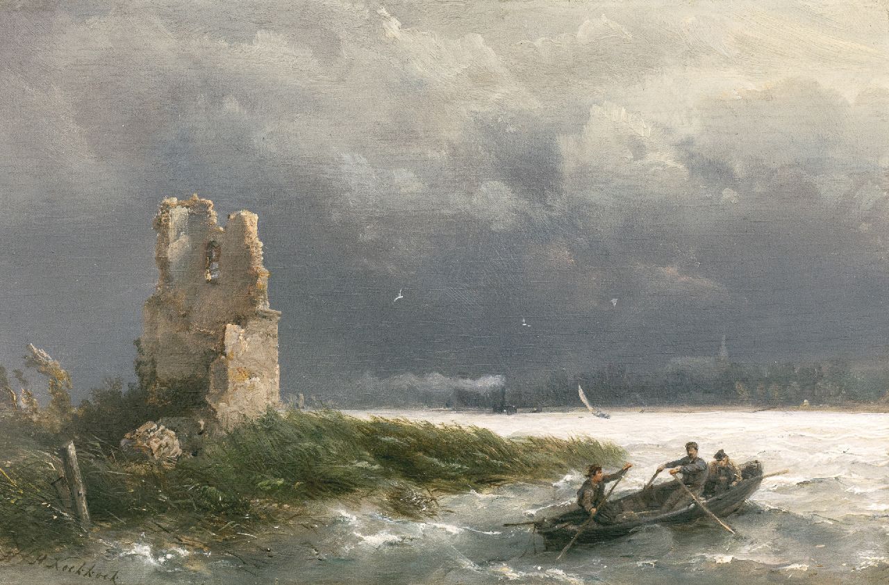 Koekkoek H. | Hermanus Koekkoek, Roeiboot op een rivier bij stormachtig weer, olieverf op paneel 14,7 x 22,1 cm, gesigneerd linksonder Koekkoek H. | Hermanus Koekkoek, Roeiboot op een rivier bij stormachtig weer, olieverf op paneel 14,7 x 22,1 cm, gesigneerd linksonder