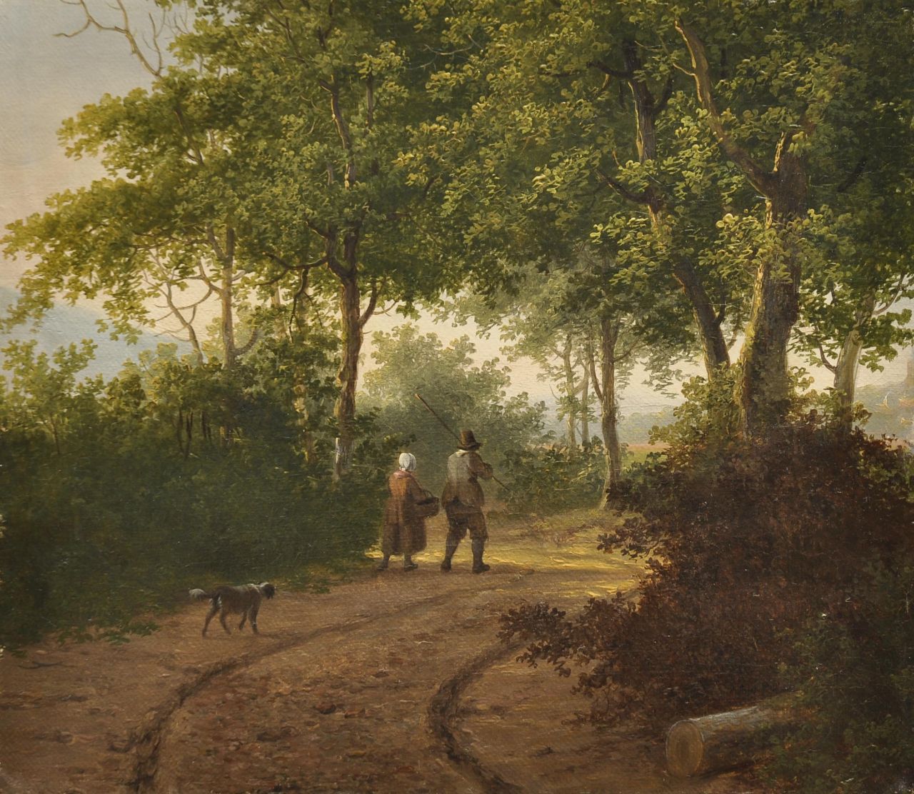 Stok J. van der | Jacobus van der Stok, Landvolk met hond op een bospad, olieverf op doek op paneel 24,3 x 27,6 cm Stok J. van der | Jacobus van der Stok, Landvolk met hond op een bospad, olieverf op doek op paneel 24,3 x 27,6 cm