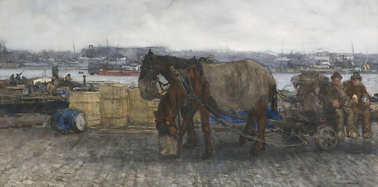 Mastenbroek J.H. van | Johan Hendrik van Mastenbroek, Schafttijd in de haven van Rotterdam, aquarel op papier 46,5 x 91,0 cm, gesigneerd rechtsonder Mastenbroek J.H. van | Johan Hendrik van Mastenbroek, Schafttijd in de haven van Rotterdam, aquarel op papier 46,5 x 91,0 cm, gesigneerd rechtsonder