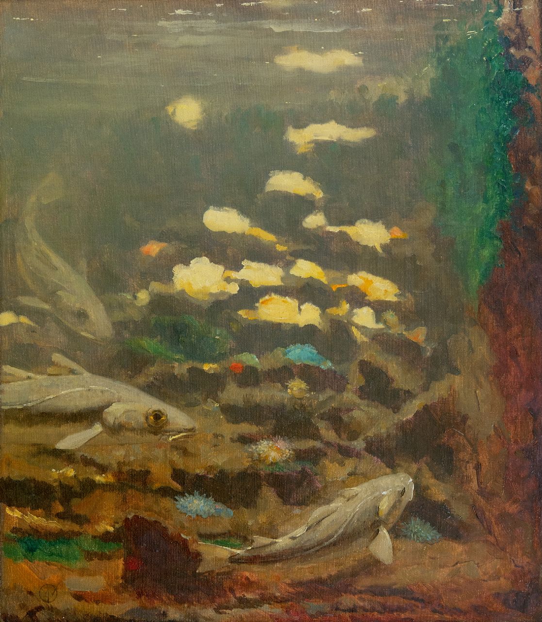 Dijsselhof G.W.  | Gerrit Willem Dijsselhof | Schilderijen te koop aangeboden | Kabeljauwen en anemonen, olieverf op doek 40,3 x 35,0 cm, gesigneerd linksonder monogram