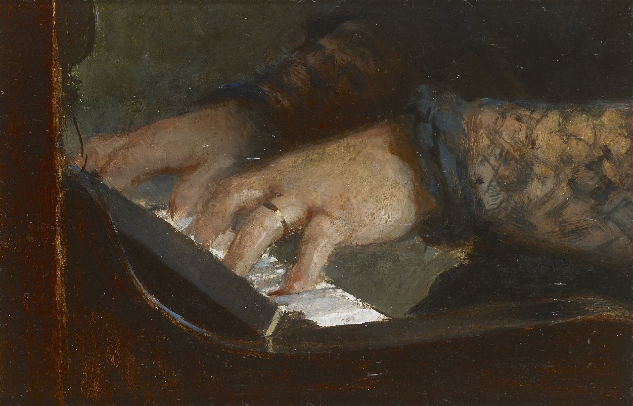Lang A. | Albert Lang, Pianospelende Marie Lang, de vrouw van de schilder, olieverf op board 14,1 x 21,1 cm Lang A. | Albert Lang, Pianospelende Marie Lang, de vrouw van de schilder, olieverf op board 14,1 x 21,1 cm