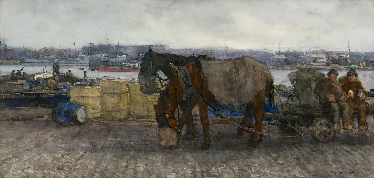 Mastenbroek J.H. van | Johan Hendrik van Mastenbroek, Schafttijd in de haven van Rotterdam, aquarel op papier 46,5 x 91,0 cm, gesigneerd rechtsonder en gedateerd 1903 Mastenbroek J.H. van | Johan Hendrik van Mastenbroek, Schafttijd in de haven van Rotterdam, aquarel op papier 46,5 x 91,0 cm, gesigneerd rechtsonder en gedateerd 1903