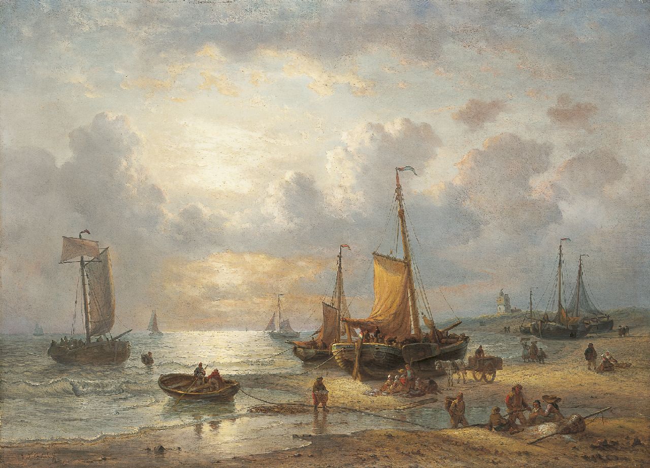 Opdenhoff G.W. | Witzel 'George Willem' Opdenhoff | Schilderijen te koop aangeboden | Het uitladen van de vangst, olieverf op doek 70,7 x 97,7 cm, gesigneerd linksonder Opdenhoff G.W. | Witzel 'George Willem' Opdenhoff | Schilderijen te koop aangeboden | Het uitladen van de vangst, olieverf op doek 70,7 x 97,7 cm, gesigneerd linksonder