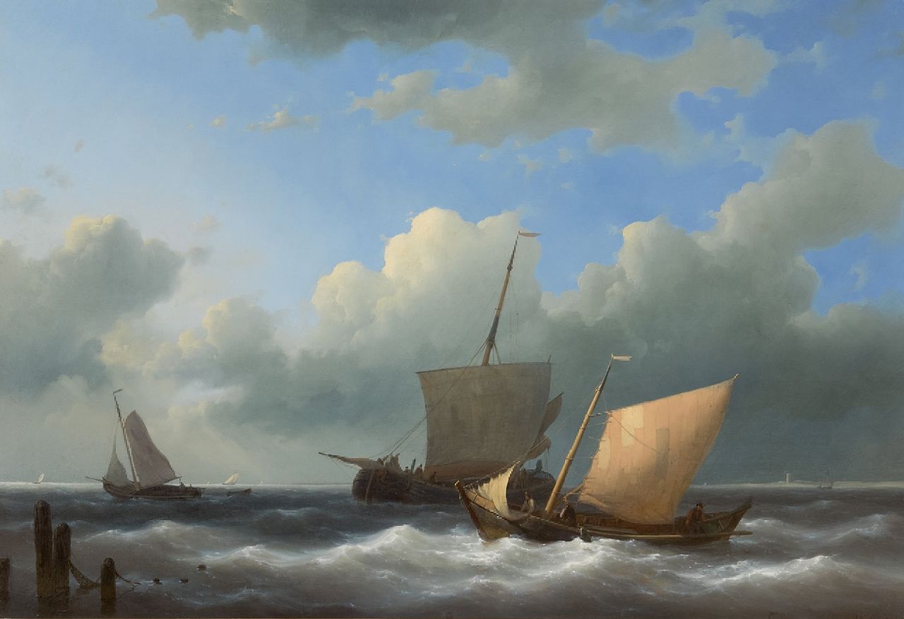 Hulk A.  | Abraham Hulk | Schilderijen te koop aangeboden | Zeilschepen voor een haveningang, olieverf op paneel 44,5 x 62,7 cm, gesigneerd rechtsonder en gedateerd 1846