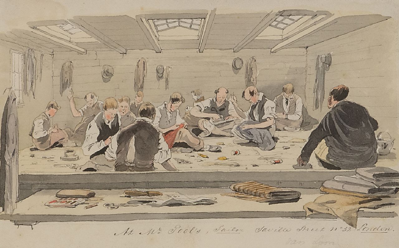 Loon P. van | Pieter van Loon | Aquarellen en tekeningen te koop aangeboden | Bij de kleermaker in Saville Street, Londen, aquarel op papier 12,1 x 19,2 cm, gesigneerd rechtsonder