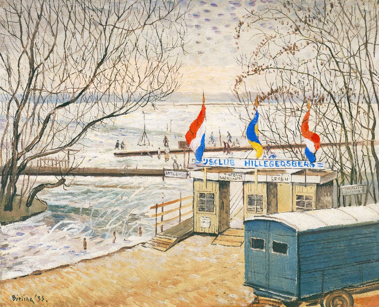 Bieling H.F. | Hermann Friederich 'Herman' Bieling, De IJsclub Hillegersberg aan de Bergse Achterplas, olieverf op doek 34,2 x 42,2 cm, gesigneerd linksonder en gedateerd '33 Bieling H.F. | Hermann Friederich 'Herman' Bieling, De IJsclub Hillegersberg aan de Bergse Achterplas, olieverf op doek 34,2 x 42,2 cm, gesigneerd linksonder en gedateerd '33