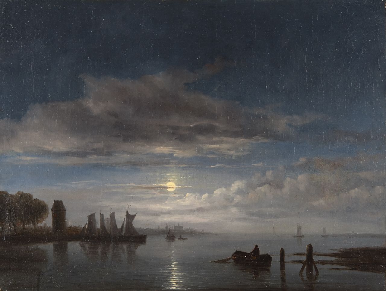 Immerzeel C. | Christiaan Immerzeel, Aangemeerde zeilschepen bij maanlicht, olieverf op doek 46,8 x 62,4 cm, gesigneerd linksonder Immerzeel C. | Christiaan Immerzeel, Aangemeerde zeilschepen bij maanlicht, olieverf op doek 46,8 x 62,4 cm, gesigneerd linksonder