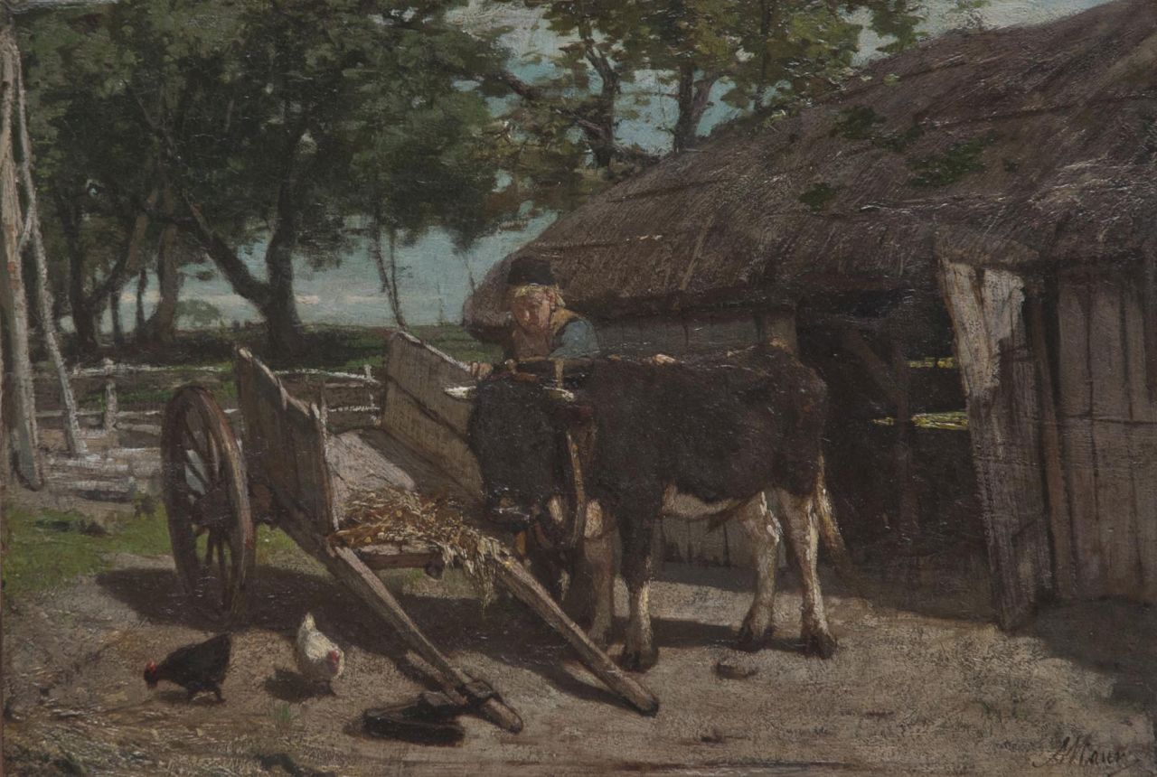Mauve A. | Anthonij 'Anton' Mauve, Het inspannen van de jonge stier, olieverf op paneel 28,0 x 41,0 cm, gesigneerd rechtsonder Mauve A. | Anthonij 'Anton' Mauve, Het inspannen van de jonge stier, olieverf op paneel 28,0 x 41,0 cm, gesigneerd rechtsonder