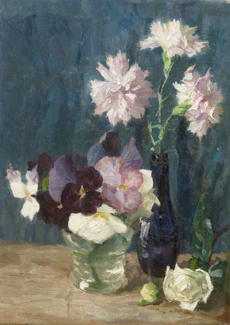 Vaarzon Morel W.F.A.I.  | Wilhelm Ferdinand Abraham Isaac 'Willem' Vaarzon Morel, Bloemstilleven met anjers en violen, olieverf op doek 36,4 x 28,5 cm, gesigneerd rechtsboven
