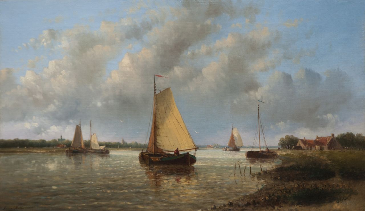 Hulk H. | Hendrik Hulk, Hollands riviergezicht met zeilschepen, olieverf op doek 34,4 x 57,6 cm, gesigneerd rechtsonder Hulk H. | Hendrik Hulk, Hollands riviergezicht met zeilschepen, olieverf op doek 34,4 x 57,6 cm, gesigneerd rechtsonder