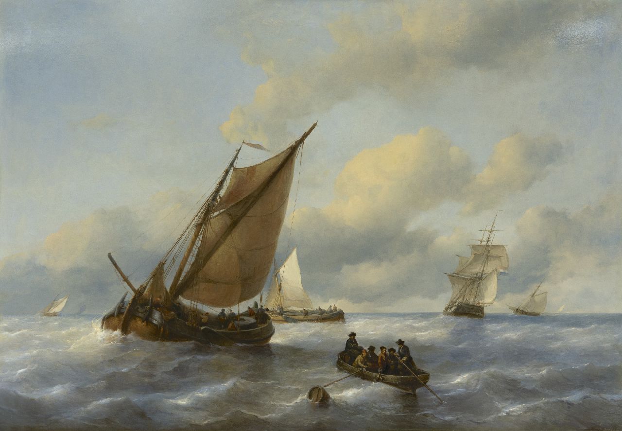 Waldorp A. | Antonie Waldorp | Schilderijen te koop aangeboden | Laverende platbodems en een brik voor de kust, olieverf op paneel 82,4 x 117,0 cm, gesigneerd op de spiegel van de roeiboot Waldorp A. | Antonie Waldorp | Schilderijen te koop aangeboden | Laverende platbodems en een brik voor de kust, olieverf op paneel 82,4 x 117,0 cm, gesigneerd op de spiegel van de roeiboot