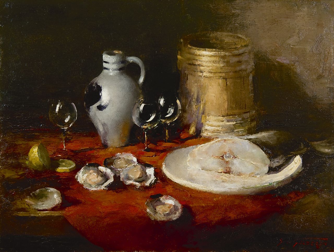 Gelderen S. van | Simon van Gelderen, Stilleven met oesters, kruik en vis, olieverf op doek 60,1 x 80,0 cm, gesigneerd rechtsonder Gelderen S. van | Simon van Gelderen, Stilleven met oesters, kruik en vis, olieverf op doek 60,1 x 80,0 cm, gesigneerd rechtsonder