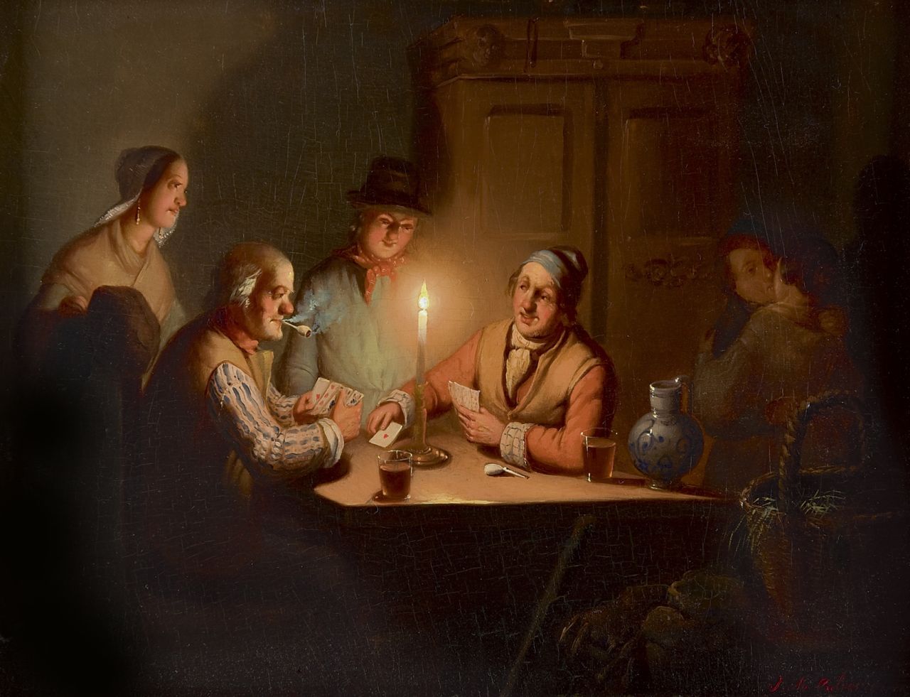 Culverhouse J.M. | Johan Mengels Culverhouse, Kaartspelers bij kaarslicht, met minnekozend paar, olieverf op paneel 23,6 x 31,2 cm, gesigneerd rechtsonder Culverhouse J.M. | Johan Mengels Culverhouse, Kaartspelers bij kaarslicht, met minnekozend paar, olieverf op paneel 23,6 x 31,2 cm, gesigneerd rechtsonder