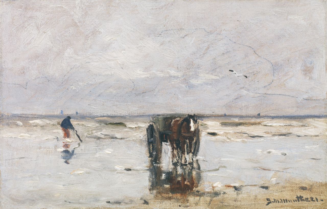 Munthe G.A.L.  | Gerhard Arij Ludwig 'Morgenstjerne' Munthe, Schelpenvisser in de branding, olieverf op doek op board 18,8 x 29,0 cm, gesigneerd rechtsonder en gedateerd '21