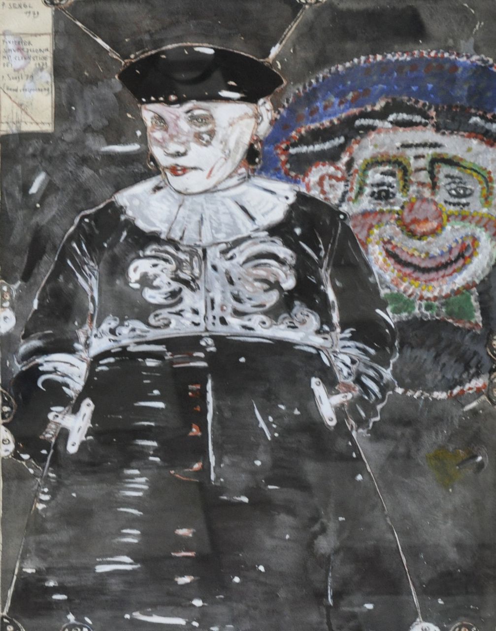 Sengl P.  | Peter Sengl, Fixierter Schwarzclown mit Clownstickerei, gouache op papier 60,5 x 46,7 cm, gesigneerd linksboven en gedateerd 1979