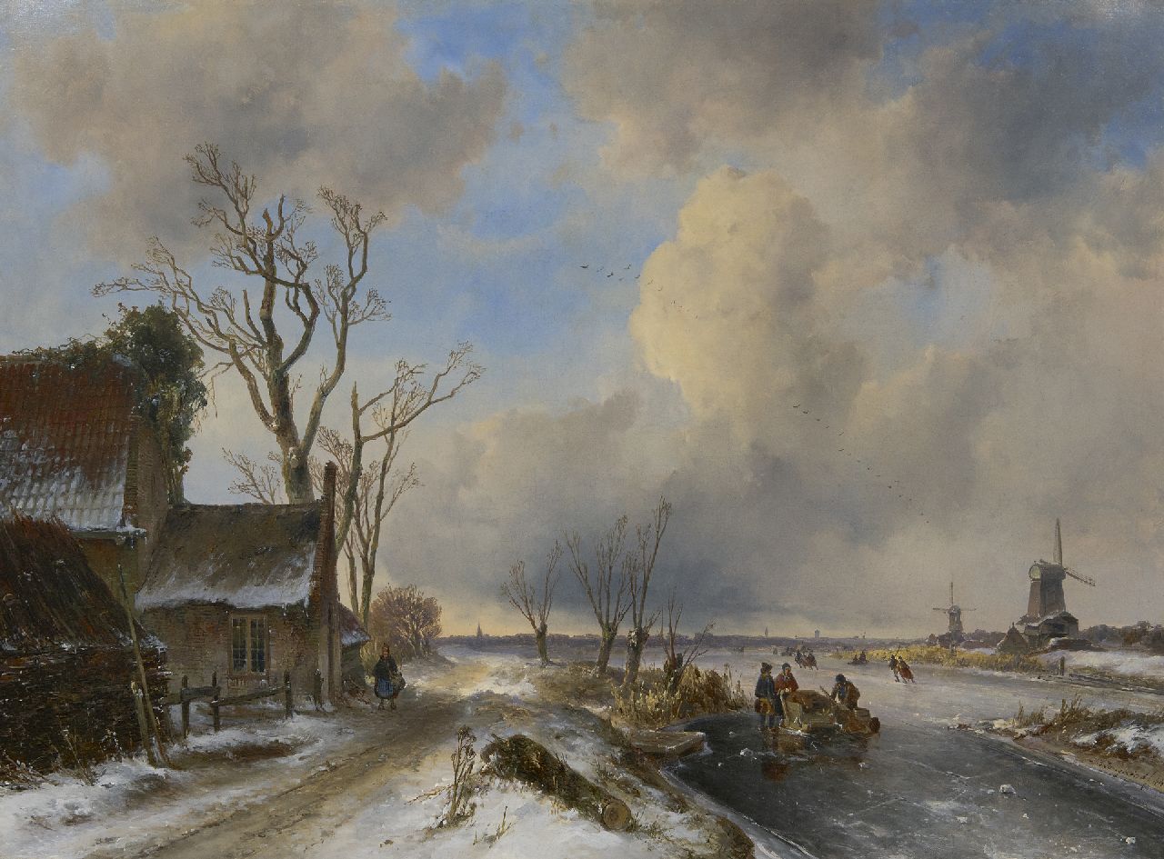 Jongkind J.B. | Johan Barthold Jongkind, Schaatsers en duwslede op bevroren vaart, olieverf op doek 59,2 x 80,3 cm, gesigneerd rechtsonder en gedateerd '44 Jongkind J.B. | Johan Barthold Jongkind, Schaatsers en duwslede op bevroren vaart, olieverf op doek 59,2 x 80,3 cm, gesigneerd rechtsonder en gedateerd '44