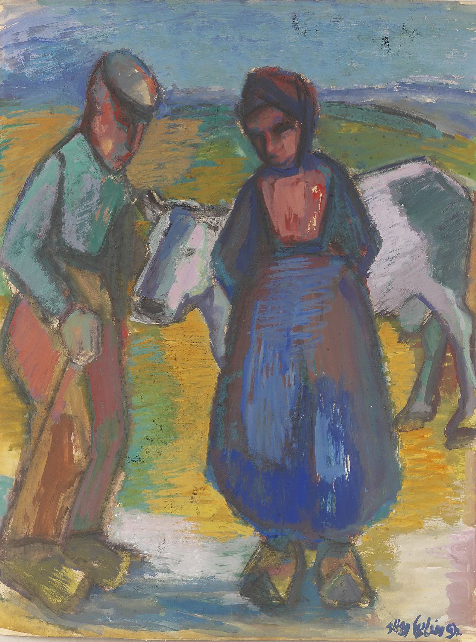 Eelsingh C. | Christiana 'Stien' Eelsingh, Boerenechtpaar met koe, gouache op papier 63,0 x 48,3 cm, gesigneerd rechtsonder en te dateren 1950-1955 Eelsingh C. | Christiana 'Stien' Eelsingh, Boerenechtpaar met koe, gouache op papier 63,0 x 48,3 cm, gesigneerd rechtsonder en te dateren 1950-1955