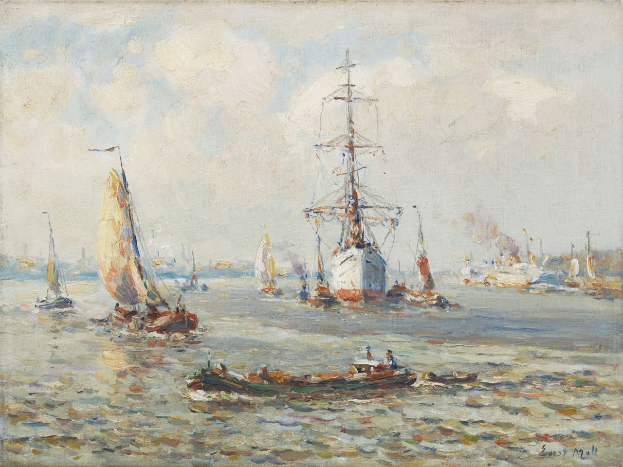 Moll E.  | Evert Moll, Driemaster op de Nieuwe Maas bij Rotterdam, olieverf op doek 30,1 x 40,2 cm, gesigneerd rechtsonder