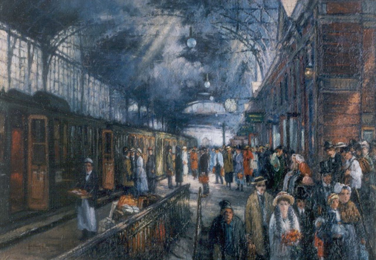 Faber du Faur H. von | Hans von Faber du Faur, Reizigers op perron van Hollands Spoor, Den Haag, olieverf op doek 34,4 x 48,5 cm, gesigneerd linksonder