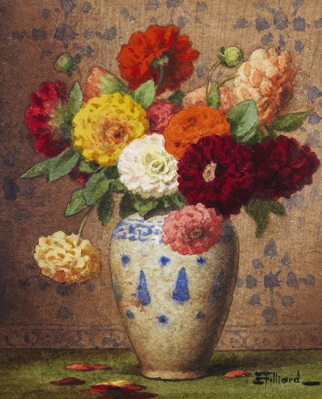 Filliard E.  | Ernest Filliard, Vaas met dahlia's, aquarel op papier 16,5 x 13,5 cm, gesigneerd rechtsonder