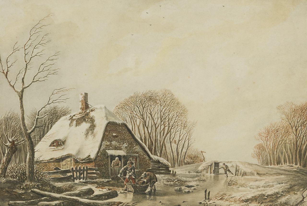 Schelfhout A. | Andreas Schelfhout, Het laden van de duwslede, inkt en aquarel op papier 19,5 x 27,8 cm, gesigneerd linksonder en te dateren ca. 1810-1815 Schelfhout A. | Andreas Schelfhout, Het laden van de duwslede, inkt en aquarel op papier 19,5 x 27,8 cm, gesigneerd linksonder en te dateren ca. 1810-1815