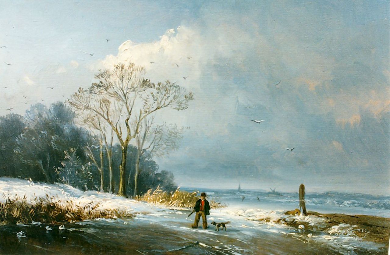 Mulder J.H. | Jacobus Henricus Mulder, Jager op een bevroren waterje, olieverf op paneel 17,1 x 23,6 cm Mulder J.H. | Jacobus Henricus Mulder, Jager op een bevroren waterje, olieverf op paneel 17,1 x 23,6 cm