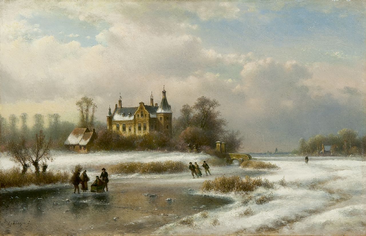 Kleijn L.J. | Lodewijk Johannes Kleijn, Bevroren vaart met schaatsers bij een kasteel, olieverf op paneel 33,5 x 52,1 cm, gesigneerd linksonder Kleijn L.J. | Lodewijk Johannes Kleijn, Bevroren vaart met schaatsers bij een kasteel, olieverf op paneel 33,5 x 52,1 cm, gesigneerd linksonder