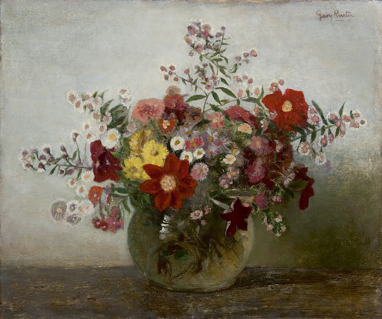 Rueter W.C.G. | Wilhelm Christian 'Georg' Rueter, Gemengd boeket, olieverf op paneel 43,8 x 51,2 cm, gesigneerd rechtsboven Rueter W.C.G. | Wilhelm Christian 'Georg' Rueter, Gemengd boeket, olieverf op paneel 43,8 x 51,2 cm, gesigneerd rechtsboven
