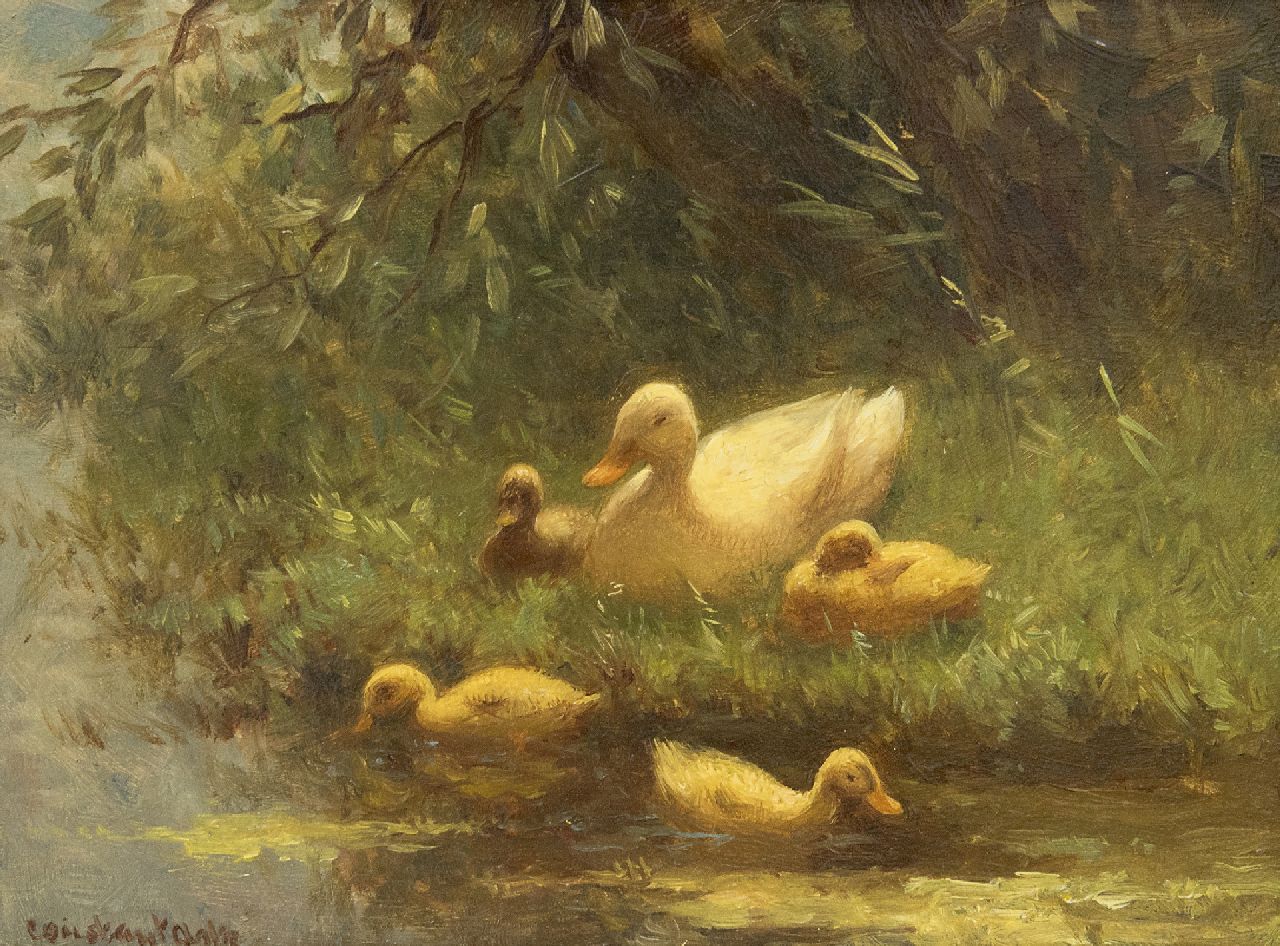 Artz C.D.L.  | 'Constant' David Ludovic Artz, Moedereend met kuikens aan de waterkant, olieverf op paneel 17,8 x 24,1 cm, gesigneerd linksonder