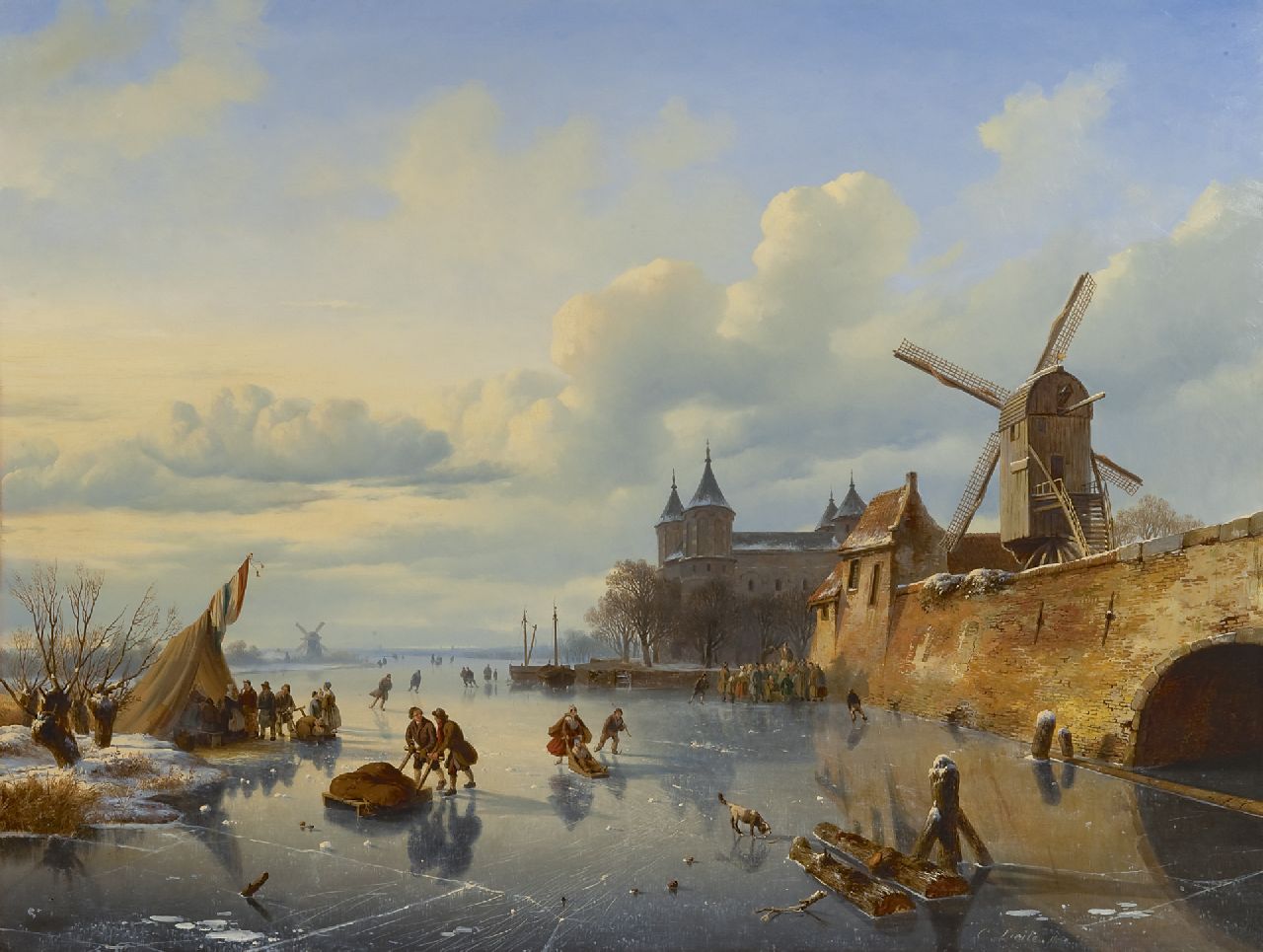 Lieste C. | Cornelis Lieste, Schaatsers en figuren bij een stadmuur en waterpoort, olieverf op paneel 71,1 x 93,5 cm, gesigneerd rechtsonder en gedateerd 1843 Lieste C. | Cornelis Lieste, Schaatsers en figuren bij een stadmuur en waterpoort, olieverf op paneel 71,1 x 93,5 cm, gesigneerd rechtsonder en gedateerd 1843