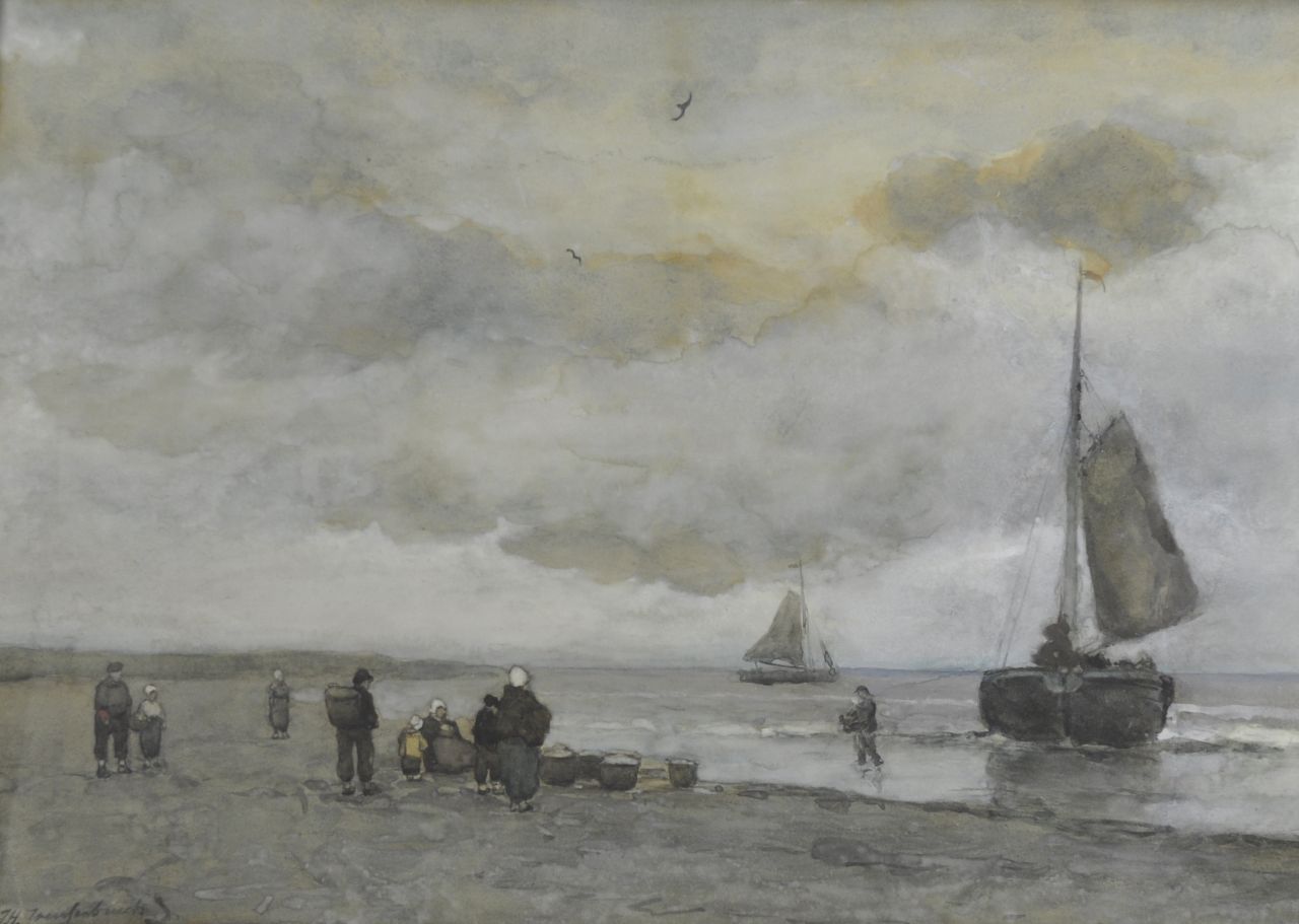Weissenbruch H.J. | Hendrik Johannes 'J.H.' Weissenbruch, Strandgezicht, aquarel op papier 21,2 x 58,4 cm, gesigneerd linksonder en te dateren ca. 1895 Weissenbruch H.J. | Hendrik Johannes 'J.H.' Weissenbruch, Strandgezicht, aquarel op papier 21,2 x 58,4 cm, gesigneerd linksonder en te dateren ca. 1895