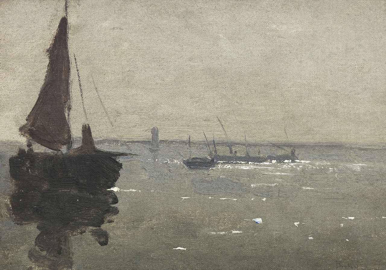 Tholen W.B. | Willem Bastiaan Tholen, Vroege ochtend op het water, olieverf op doek op paneel 15,8 x 22,1 cm, gesigneerd rechtsonder Tholen W.B. | Willem Bastiaan Tholen, Vroege ochtend op het water, olieverf op doek op paneel 15,8 x 22,1 cm, gesigneerd rechtsonder