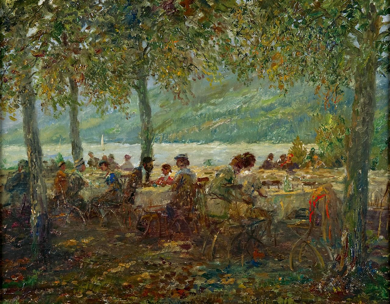 Bachrach-Barée E. | Emanuel Bachrach-Barée, Cafétuin aan een meer, olieverf op paneel 50,0 x 63,0 cm, gesigneerd middenonder en gedateerd 1934 Bachrach-Barée E. | Emanuel Bachrach-Barée, Cafétuin aan een meer, olieverf op paneel 50,0 x 63,0 cm, gesigneerd middenonder en gedateerd 1934