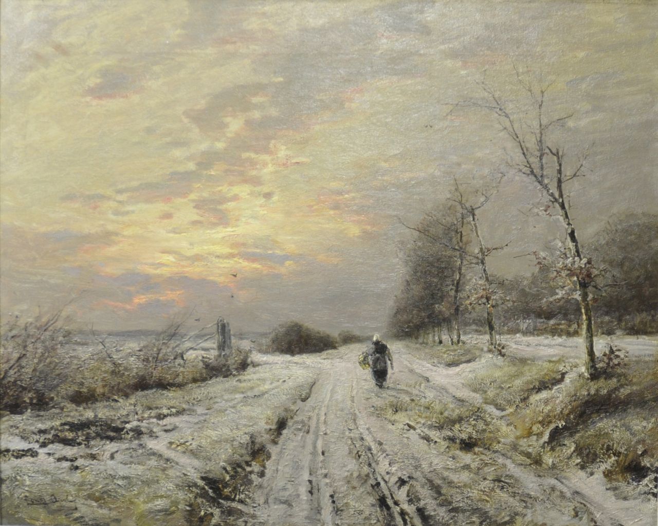 Apol L.F.H. | Lodewijk Franciscus Hendrik 'Louis' Apol, Winterlandschap met boerin op een weg, olieverf op doek 64,3 x 80,2 cm, gesigneerd linksonder Apol L.F.H. | Lodewijk Franciscus Hendrik 'Louis' Apol, Winterlandschap met boerin op een weg, olieverf op doek 64,3 x 80,2 cm, gesigneerd linksonder