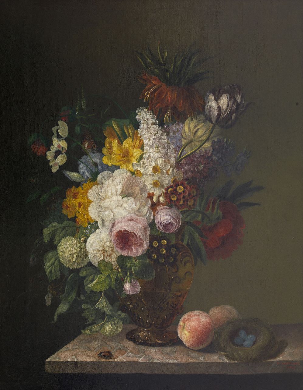 Vervloet A. | Augustine Vervloet, Bloemen in vaas met insect en vogelnestje, olieverf op doek 80,4 x 64,4 cm, gesigneerd rechtsonder en gedateerd 1888 Vervloet A. | Augustine Vervloet, Bloemen in vaas met insect en vogelnestje, olieverf op doek 80,4 x 64,4 cm, gesigneerd rechtsonder en gedateerd 1888