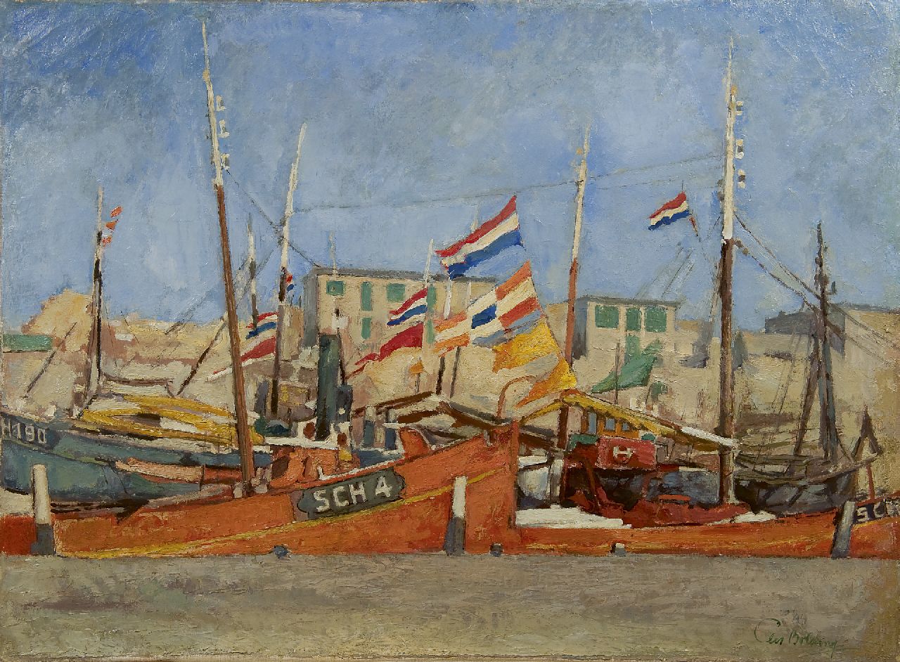 Bolding C. | Cornelis 'Cees' Bolding, Vlaggetjesdag in Scheveningen, olieverf op doek 57,3 x 77,5 cm, gesigneerd rechtsonder en op etiket op spieraam Bolding C. | Cornelis 'Cees' Bolding, Vlaggetjesdag in Scheveningen, olieverf op doek 57,3 x 77,5 cm, gesigneerd rechtsonder en op etiket op spieraam