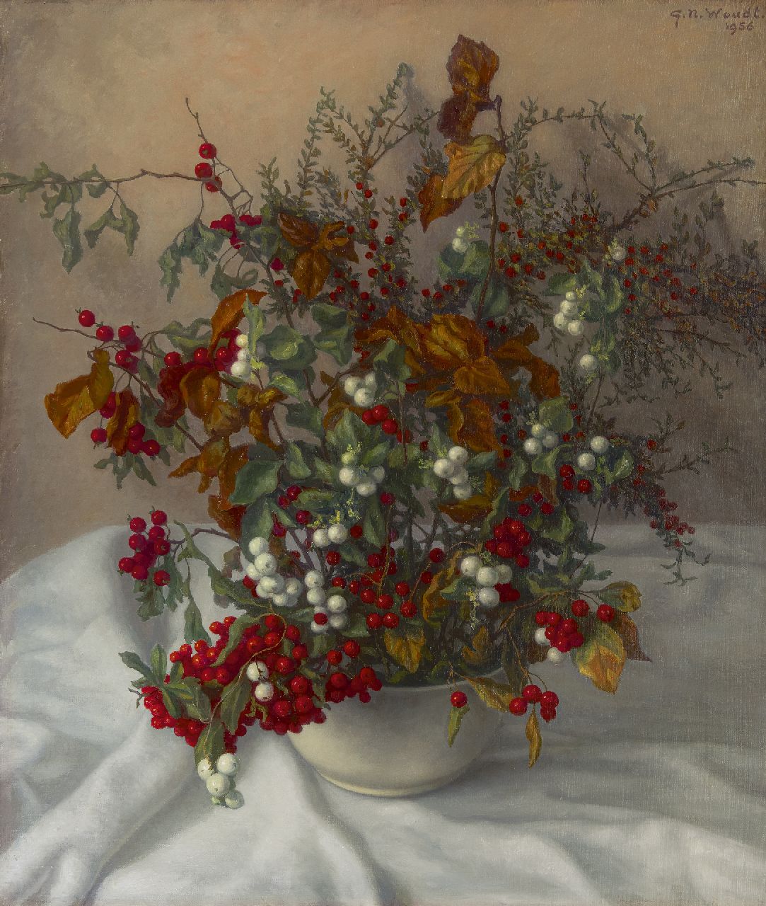Woudt G.N.  | 'Gerrit' Nicolaas Woudt | Schilderijen te koop aangeboden | Stilleven met bessen, olieverf op doek 65,2 x 55,4 cm, gesigneerd rechtsboven en gedateerd 1956