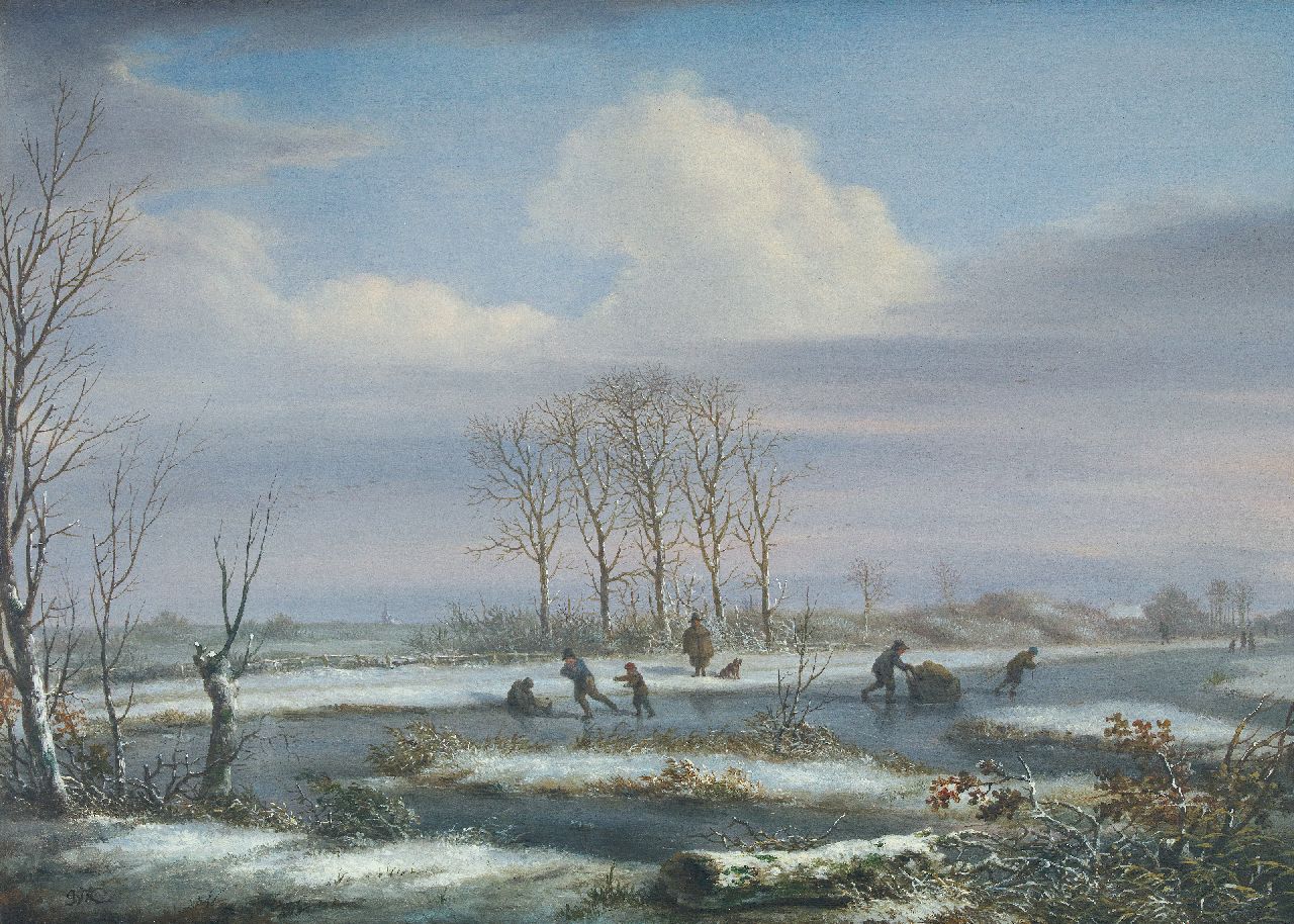 Kouwenhoven J. van | Jacob van Kouwenhoven, Winterlandschap met schaatsers, olieverf op paneel 31,0 x 43,6 cm, gesigneerd linksonder met initialen Kouwenhoven J. van | Jacob van Kouwenhoven, Winterlandschap met schaatsers, olieverf op paneel 31,0 x 43,6 cm, gesigneerd linksonder met initialen