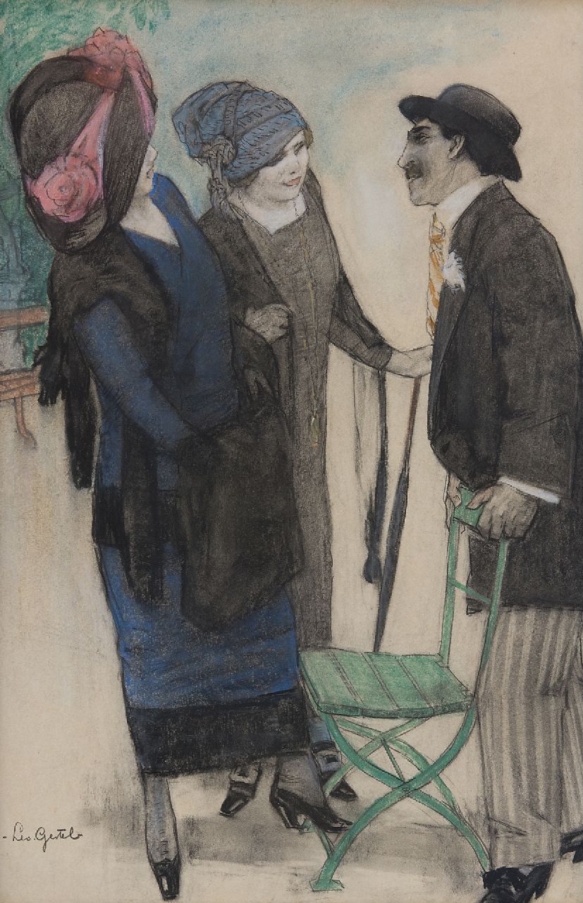 Gestel L.  | Leendert 'Leo' Gestel | Aquarellen en tekeningen te koop aangeboden | Praatje in het park, Parijs, houtskool en pastel op papier 50,1 x 33,4 cm, gesigneerd linksonder en te dateren ca. 1910