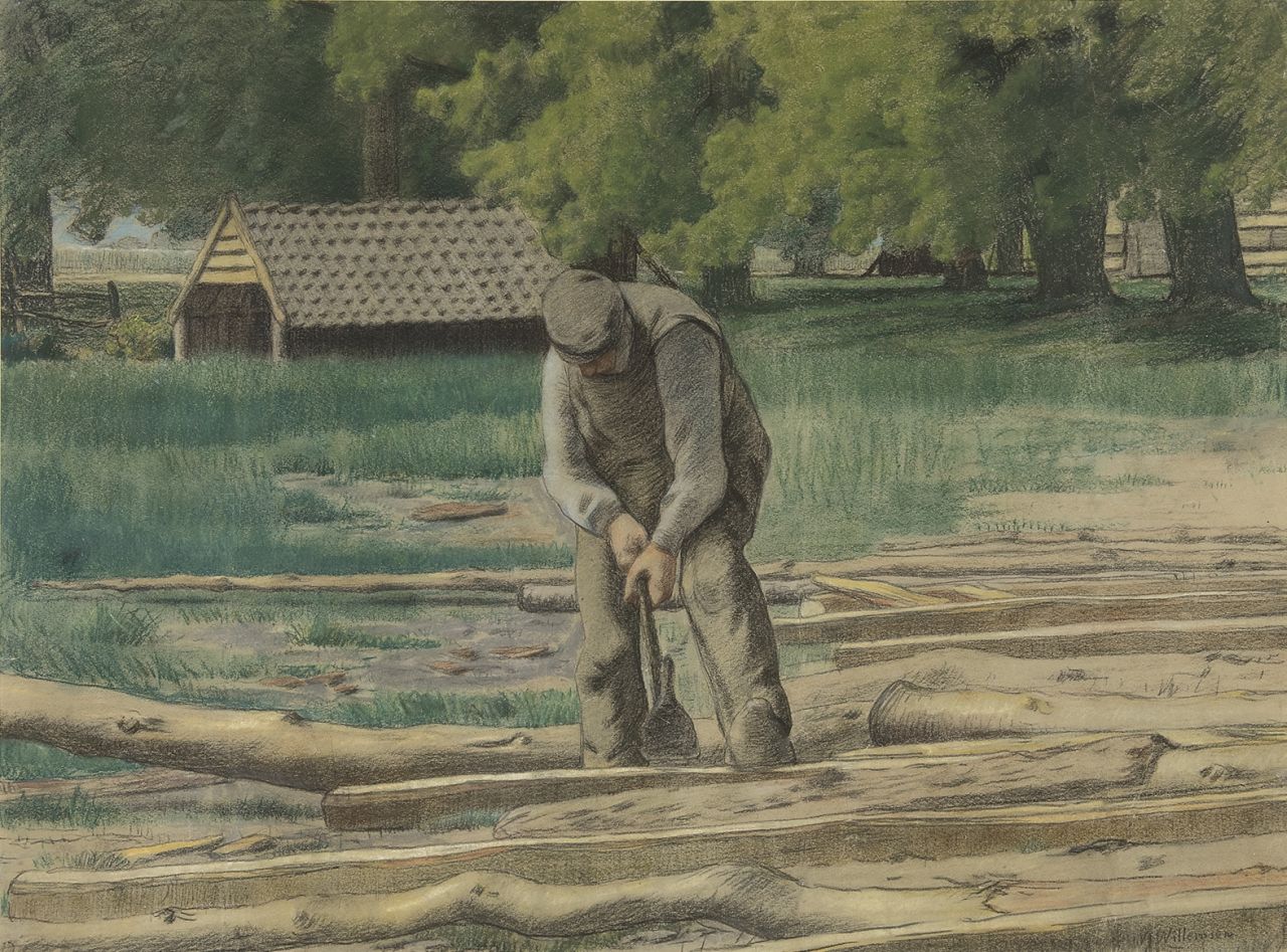 Willemsen W.J. | Willem Jan Willemsen, Houthakker in Park Sonsbeek, Arnhem, krijt op papier 47,4 x 64,5 cm, gesigneerd rechtsonder Willemsen W.J. | Willem Jan Willemsen, Houthakker in Park Sonsbeek, Arnhem, krijt op papier 47,4 x 64,5 cm, gesigneerd rechtsonder