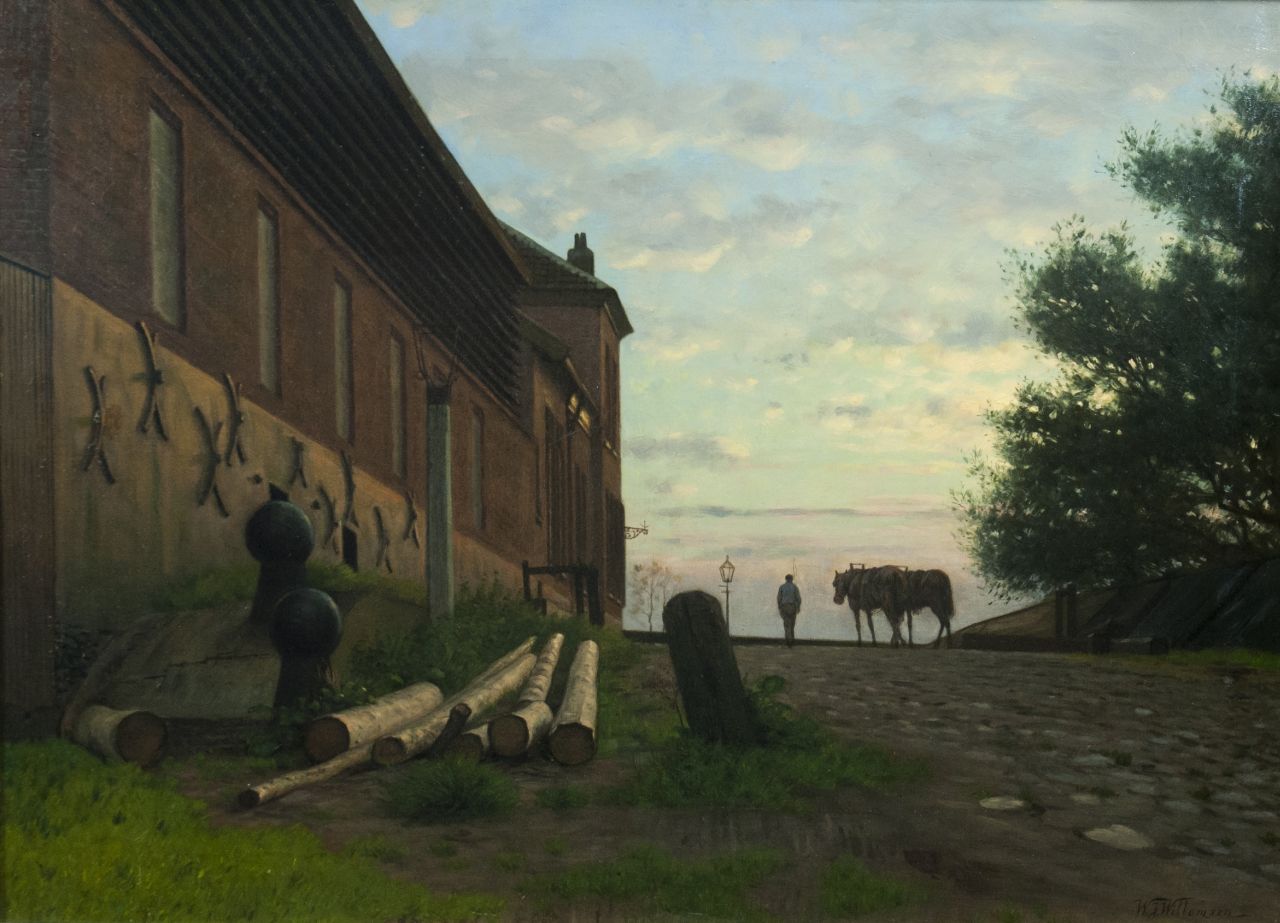 Willemsen W.J. | Willem Jan Willemsen | Schilderijen te koop aangeboden | Werkman en paarden op de Rijnkade, Arnhem, olieverf op doek 50,5 x 69,9 cm, gesigneerd rechtsonder en zonder lijst Willemsen W.J. | Willem Jan Willemsen | Schilderijen te koop aangeboden | Werkman en paarden op de Rijnkade, Arnhem, olieverf op doek 50,5 x 69,9 cm, gesigneerd rechtsonder en zonder lijst
